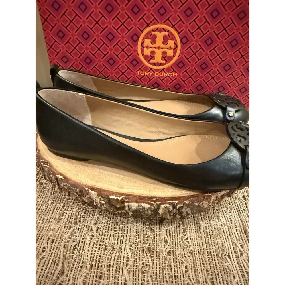 Tory Burch Women's Mini Miller Logo Matte Black Leather Flats Size US 8M